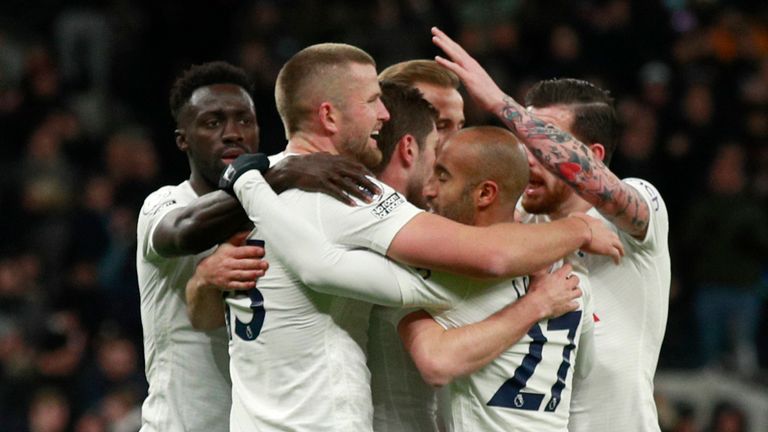 Tottenham players celebrate after going ahead against Brentford