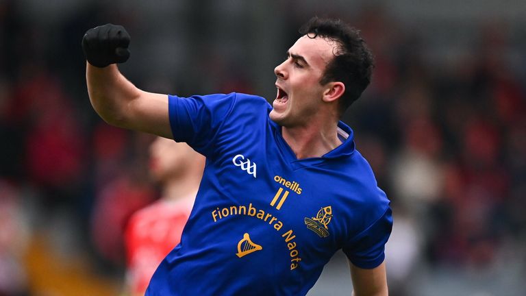 19 December 2021; Conor McCrickard of St Finbarr's celebrates after scoring a point during the AIB Munster GAA Football Senior Club Football Championship Semi-Final match between St. Finbarr's and ..ire ..g Ennis at Pairc Ui Rinn in Cork. Photo by E..in Noonan/Sportsfile