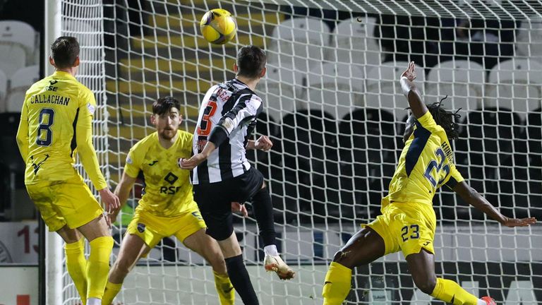 PAISLEY, SCOTLAND - DECEMBER 01: St Mirren&#39;s Scott Tanser has a shot on goal during a Cinch Premiership match between St. Mirren and Ross County at SMISA Stadium, on December 01, 2021, in Paisley, Scotland.  (Photo by Alan Harvey / SNS Group)