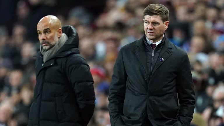 Manchester City manager Pep Guardiola alongside Aston Villa manager Steven Gerrard at Villa Park