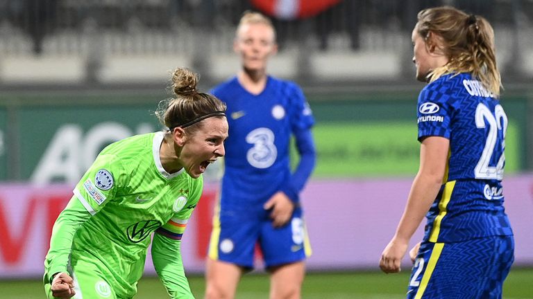 Wolfsburg&#39;s Svenja Huth celebrates scoring during the Women&#39;s Champions League match between VfL Wolfsburg and Chelsea