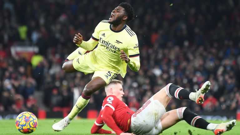 Thomas Partey pictured during the 3-2 loss to Man Utd at Old Trafford