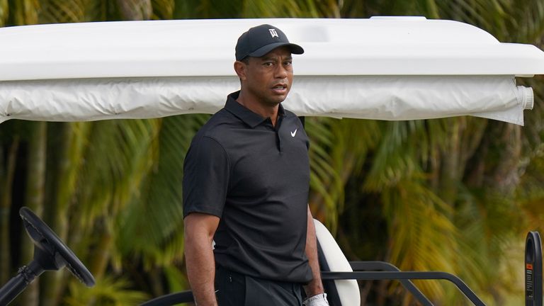 Tiger Woods during a practice session at the Albany Golf Club, on the sidelines of day three of the Hero World Challenge Golf tour, in New Providence, Bahamas, Saturday, Dec. 4, 2021.
