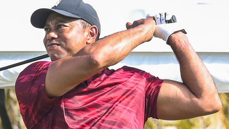 NASSAU, BAHAMAS - DECEMBER 05:  Tournament host Tiger Woods hits a fairway wood on the practice range during the final round of the Hero World Challenge at Albany on December 5, 2021, in Nassau, New Providence, Bahamas. (Photo by Keyur Khamar/PGA TOUR via Getty Images)