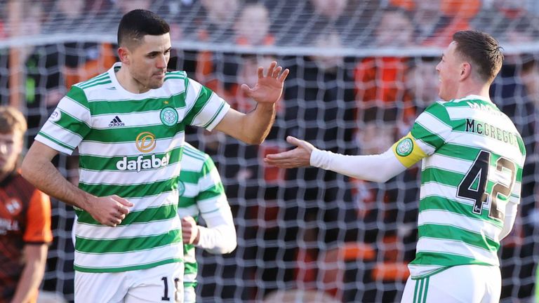 Tom Rogic (left) celebrates with Callum McGregor after he makes it 1-0 to Celtic vs  Dundee United