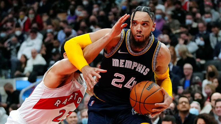 Toronto Raptors centre Khem Birch (24) drives past Toronto Raptors guard Fred VanVleet (23) during the first half of an NBA basketball game Tuesday, Nov. 30, 2021, in Toronto. (Nathan Denette/The Canadian Press via AP)