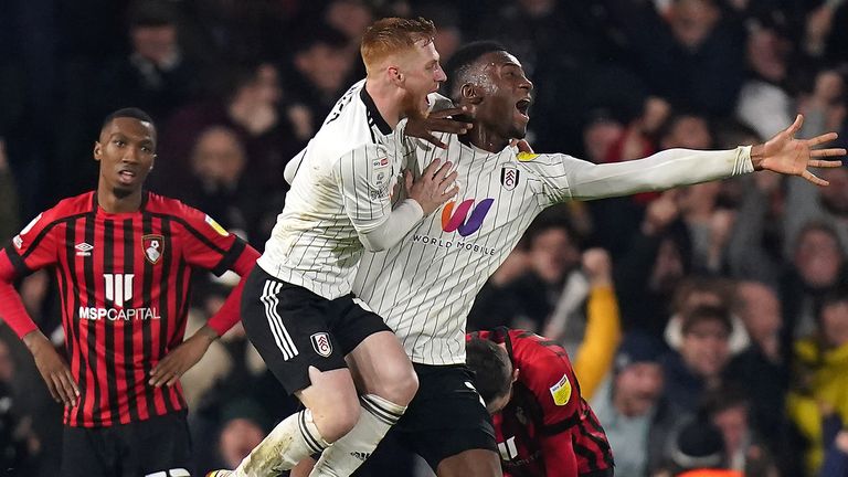 Tosin Adarabioyo celebrates his late equaliser for Fulham against Bournemouth