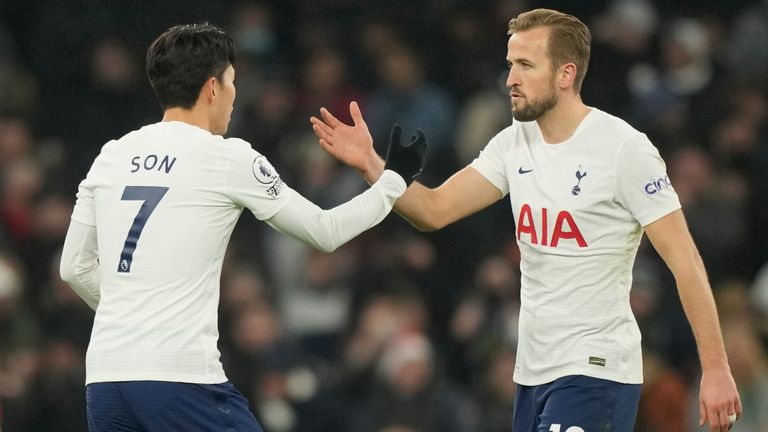 Heung-Min Son celebrates with Harry Kane after scoring Tottenham&#39;s second goal