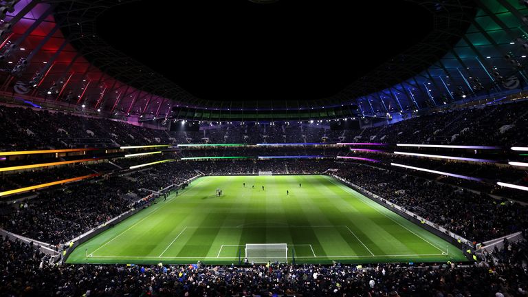 LONDON, ENGLAND - DECEMBER 02: A general view of inside Tottenham Hotspur Stadium lit up in colours to show support for the Rainbow Laces campaign prior to the Premier League match between Tottenham Hotspur and Brentford at Tottenham Hotspur Stadium on December 02, 2021 in London, England. (Photo by Tottenham Hotspur FC/Tottenham Hotspur FC via Getty Images)