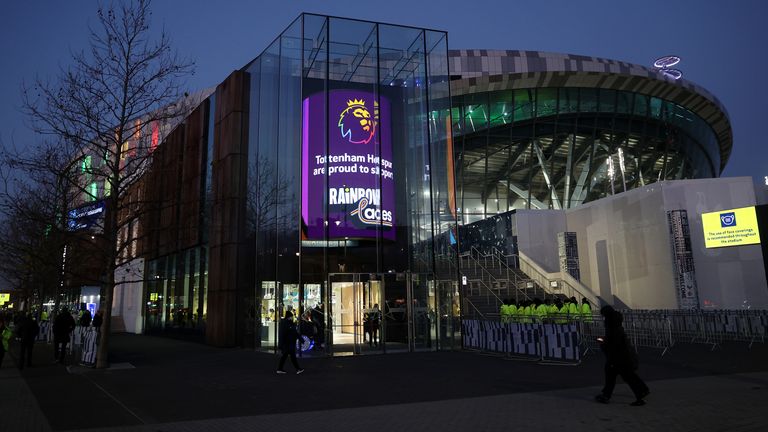 LONDON, ENGLAND - DECEMBER 02: A general view of Tottenham Hotspur Stadium lit up in colours to show support for the Rainbow Laces campaign prior to the Premier League match between Tottenham Hotspur and Brentford at Tottenham Hotspur Stadium on December 02, 2021 in London, England. (Photo by Tottenham Hotspur FC/Tottenham Hotspur FC via Getty Images)