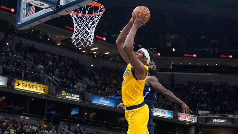Indiana Pacers' Myles Turner goes up for a dunk against the Dallas Mavericks
