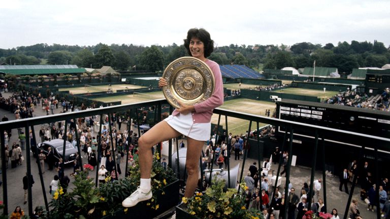 Virginia Wade of Britain with the trophy, presented to her by the Queen, after winning the Wimbledon women's singles championship for the first time at the 16th attempt. She beat Betty Stove of the Netherlands 4-6 6-3 6-1.