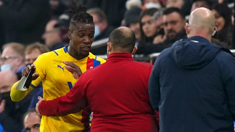 Wilfried Zaha react to being sent off against Spurs