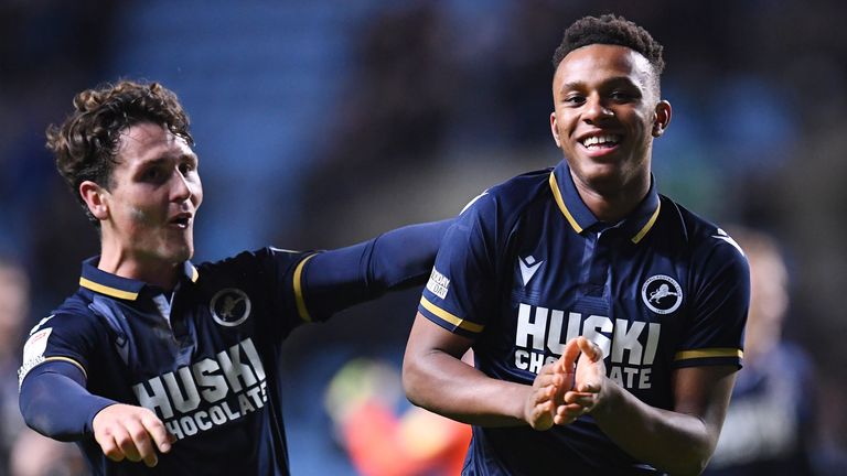Zak Lovelace (left) and Dan McNamara of Millwall celebrate following the Sky Bet Championship match between Coventry City and Millwall at The Coventry Building Society Arena on December 29, 2021 in Coventry, England