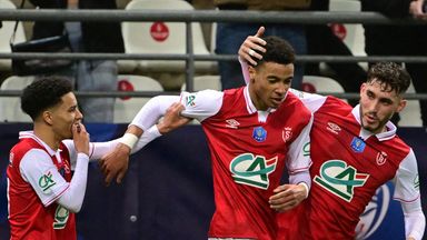 Hugo Ekitike celebrates scoring for Stade Reims against Bastia in the French cup