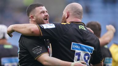 Alfie Barbeary and Pieter Scholtz celebrate Wasps' win over Toulouse with 14 men