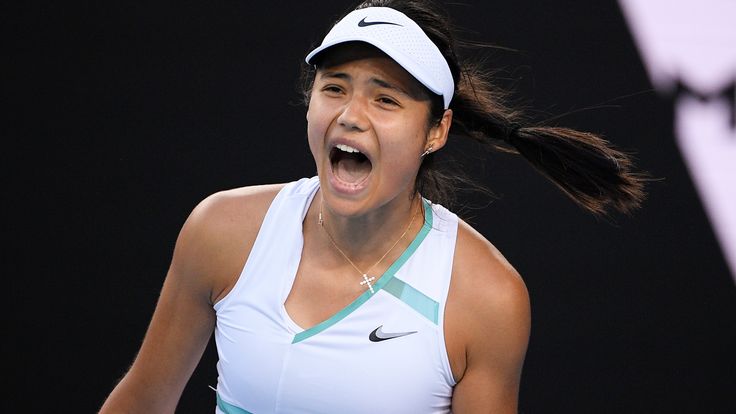 Emma Raducanu of Britain reacts after winning a point against Danka Kovinic of Montenegro during their second round match at the Australian Open tennis championships in Melbourne, Australia, Thursday, Jan. 20, 2022. (AP Photo/Andy Brownbill)