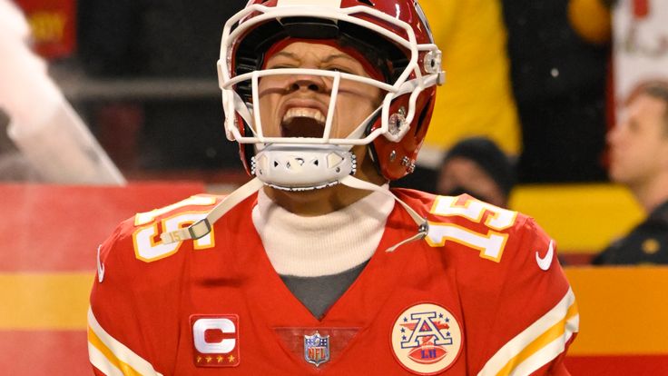 Kansas City Chiefs quarterback Patrick Mahomes takes the field during introductions for an NFL divisional playoff football game against the Buffalo Bills, Sunday, Jan. 23, 2022 in Kansas City, Mo. (AP Photo/Reed Hoffmann)