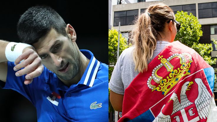 Novak Djokovic in action and a Serbian fan outside his Melbourne hotel