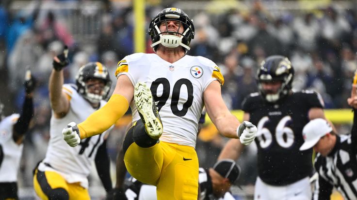 Pittsburgh Steelers outside linebacker T.J. Watt (90) reacts to forcing a fumble that was recovered by Pittsburgh during the first quarter of an NFL football game against the Baltimore Ravens, Sunday, Jan. 9, 2022, in Baltimore. (AP Photo/Terrance Williams)