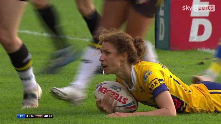 Former Woman of Steel Courtney Winfield-Hill left the York City Knights defence trailing in her wake to score for Leeds Rhinos in the 2021 Women's Super League semi-finals.