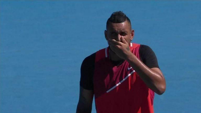 Nick Kyrgios gave up one of his rackets after accidentally hitting a kid in the crowd with a wayward shot in the men's doubles quarter-finals at the Australian Open.