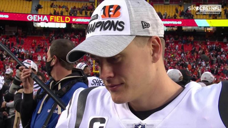 Joe Burrow gives his reaction after leading the Cincinnati Bengals to victory over the Kansas City Chiefs and to Super Bowl LVI!  