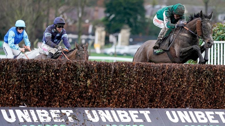 Adam Wedge riding Prime Venture clear the last to win The Unibet Veterans' Handicap Chase at Sandown Park