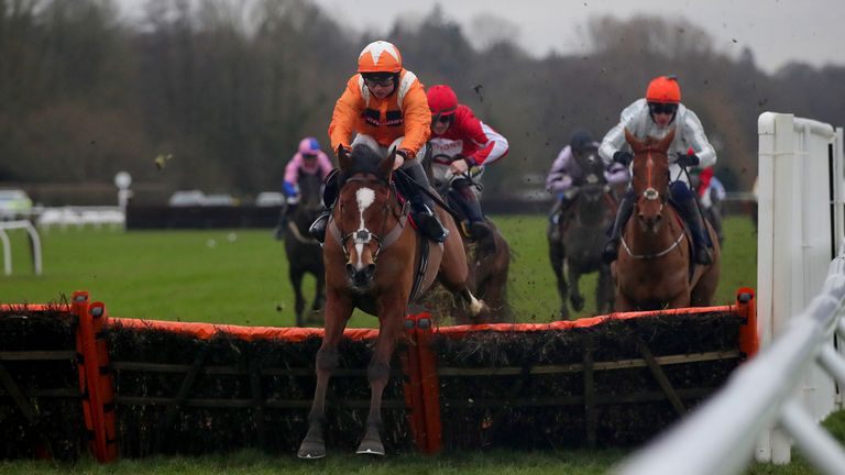 Metier ridden by jockey Sean Bowen (centre) clears a hurdle on their way to winning the Sovereign Handicap Hurdle 