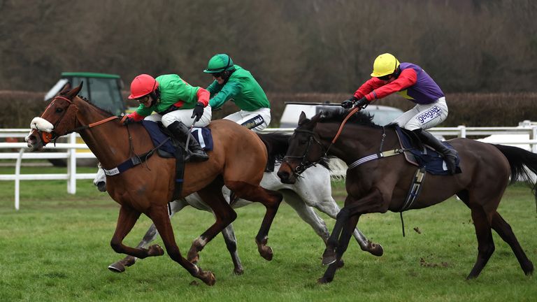 David Bass riding Two For Gold (left) to a narrow victory at Lingfield