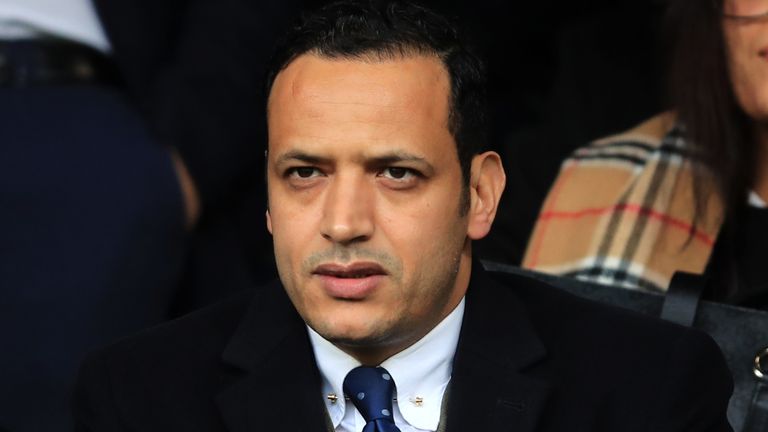 LONDON, ENGLAND - JANUARY 06: Oldham Athletic owner Abdallah Lemsagam (R) during the FA Cup Third Round match between Fulham FC and Oldham Athletic at Craven Cottage on January 6, 2019 in London, United Kingdom. (Photo by Marc Atkins/Getty Images)