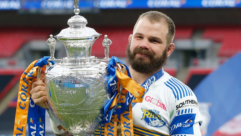 Picture by Ed Sykes/SWpix.com - 17/10/2020 - Rugby League - Coral Challenge Cup Final - Leeds Rhinos v Salford Red Devils - Wembley Stadium, London, England - Leeds Rhinos' Adam Cuthbertson celebrates with the trophy after the match