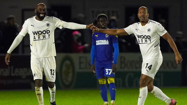 Boreham Wood, Adrian Clifton (right) celebrates scoring his team's second goal in the match with teammate Jamal Fifield