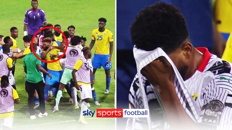 football Benjamin Tetteh was given a red card for throwing a punch as tensions boiled over between Gabon and Ghana after full-time in their 1-1 draw.