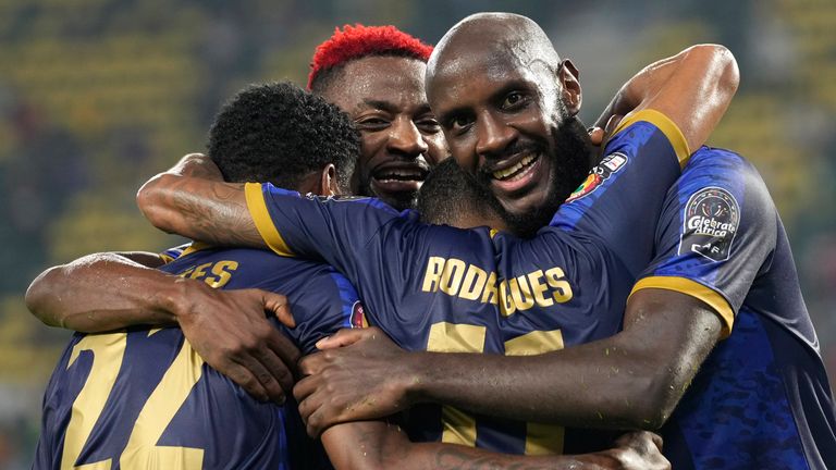 Cape Verde's Dylan Tavares, right, celebrates with team-mates after scoring against Ethiopia