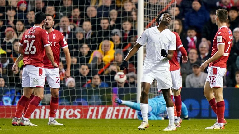 Arsenal&#39;s Albert Sambi Lokonga reacts during the FA Cup third round match at the City Ground