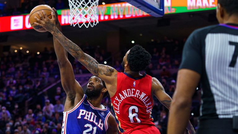 Philadelphia 76ers&#39; Joel Embiid blocks the shot attempt by New Orleans Pelicans&#39; Nickeil Alexander-Walker