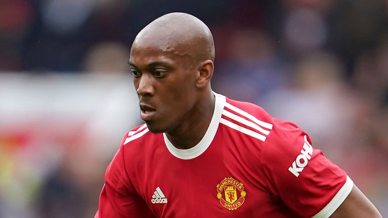 Manchester United...s Anthony Martial during the English Premier League soccer match between Manchester United and Leeds United at Old Trafford in Manchester, England, Saturday, Aug. 14, 2021. (AP Photo/Jon Super)