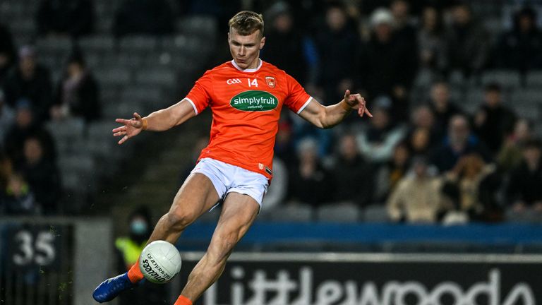 29 January 2022; Rian O'Neill shoots a 23rd minute goal for Armagh during the Allianz Football League Division 1 match between Dublin and Armagh at Croke Park in Dublin. Photo by Ray McManus/Sportsfile