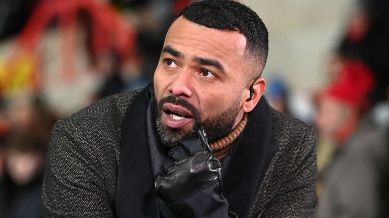 SWINDON, ENGLAND - JANUARY 07: Former football player Ashley Cole working for ITV Sport during the Emirates FA Cup Third Round match between Swindon Town and Manchester City at County Ground on January 07, 2022 in Swindon, England. (Photo by Michael Regan/Getty Images)