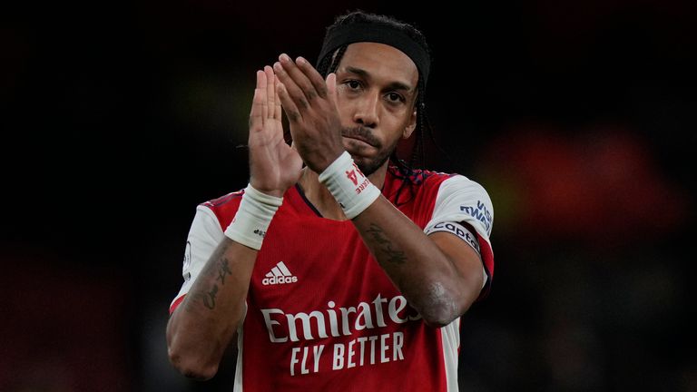 Pierre-Emerick Aubameyang applauds fans during the English Premier League soccer match between Arsenal and Crystal Palace 
