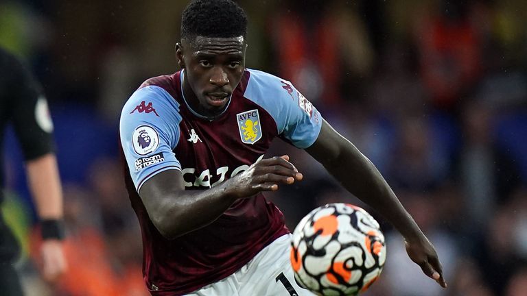 Axel Tuanzebe in action for Aston Villa against Chelsea in September 2021