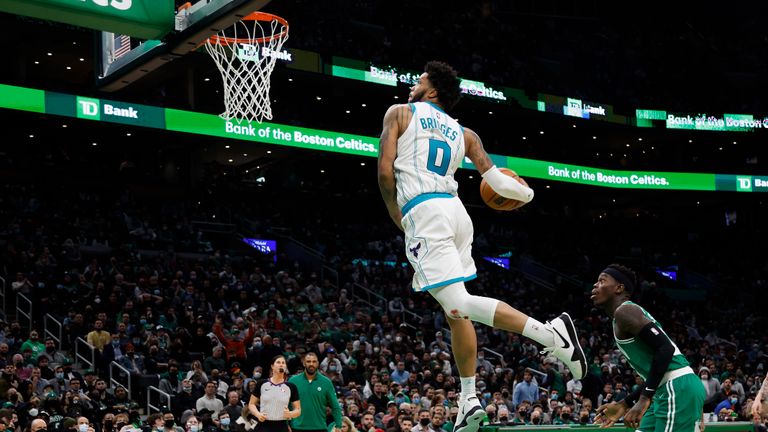 An emphatic dunk from Miles Bridges saw Charlotte extend their lead over Boston late in the fourth quarter.