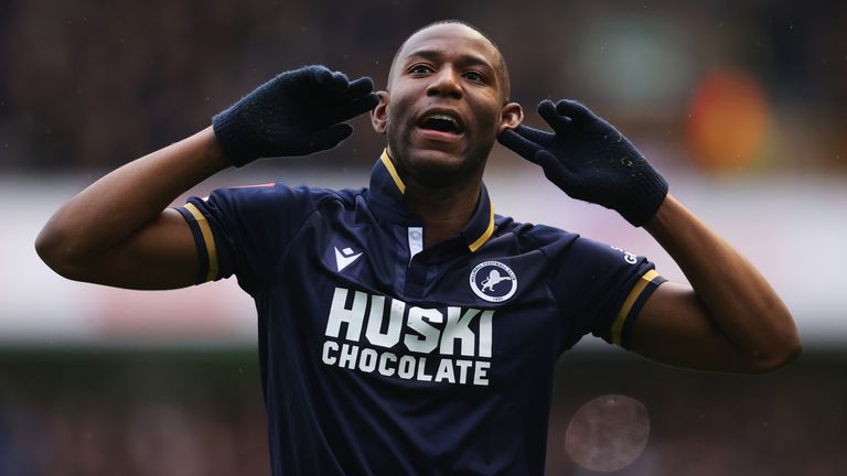 Benik Afobe celebrates after Millwall take the lead against Crystal Palace