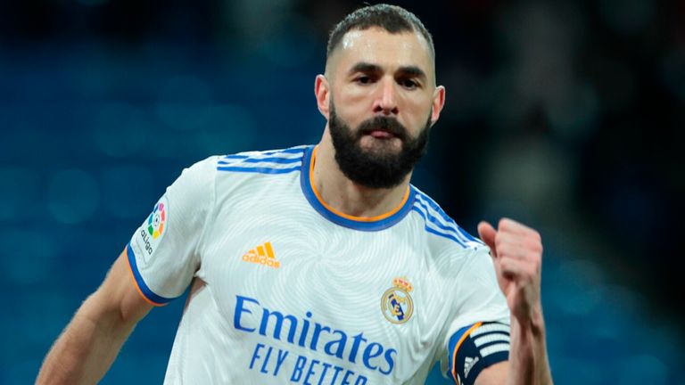 Madrid, Spain; 08.01.2022.- Real Madrid vs Valencia Football Soccer to La Liga Spain match 20 2021-2022 held at Santiago Bernabeu, Madrid. Real Madrid player Real Madrid player Karim Benzema score goal. Photo by: Juan Carlos Rojas/picture-alliance/dpa/AP Images