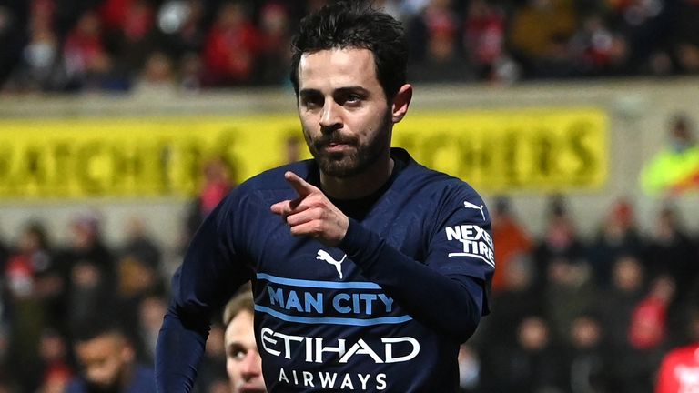 Bernardo Silva celebrates after giving Man City the lead at Swindon Town in the FA Cup third round