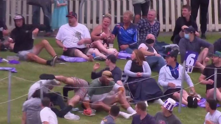 A fan went close to pulling off a spectacular diving catch during the Big Bash League match in Hobart, but ended up owing another spectator some chips!