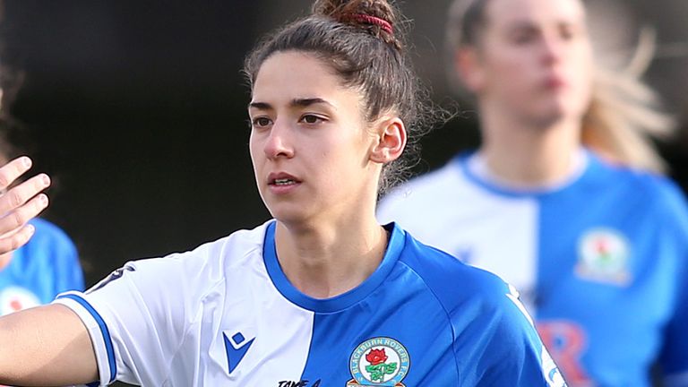 Millie Chandarana of Blackburn Rovers interacts with Hannah Coan of Blackburn Rovers prior to the FA Women's Continental Tyres League Cup match between Blackburn Rovers and Sheffield United at Bamber Bridge on December 05, 2021 in Bamber Bridge, 