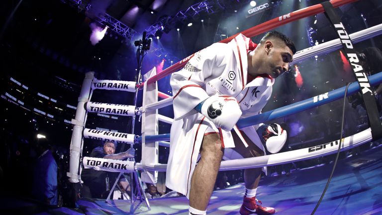 England&#39;s Amir Khan before a WBO world welterweight championship boxing match against Terence Crawford Sunday, April 21, 2019, in New York. The referee stopped the fight after Kahn was unable to continue after a low blow in the fifth round .(AP Photo/Frank Franklin II)


