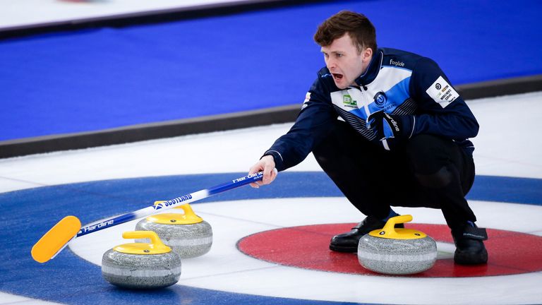 Scotland skip Bruce Mouat directs his teammates against the United States at the men's World Curling Championships Wednesday, April 7, 2021 in Calgary, Alberta.. (Jeff McIntosh/The Canadian Press via AP)